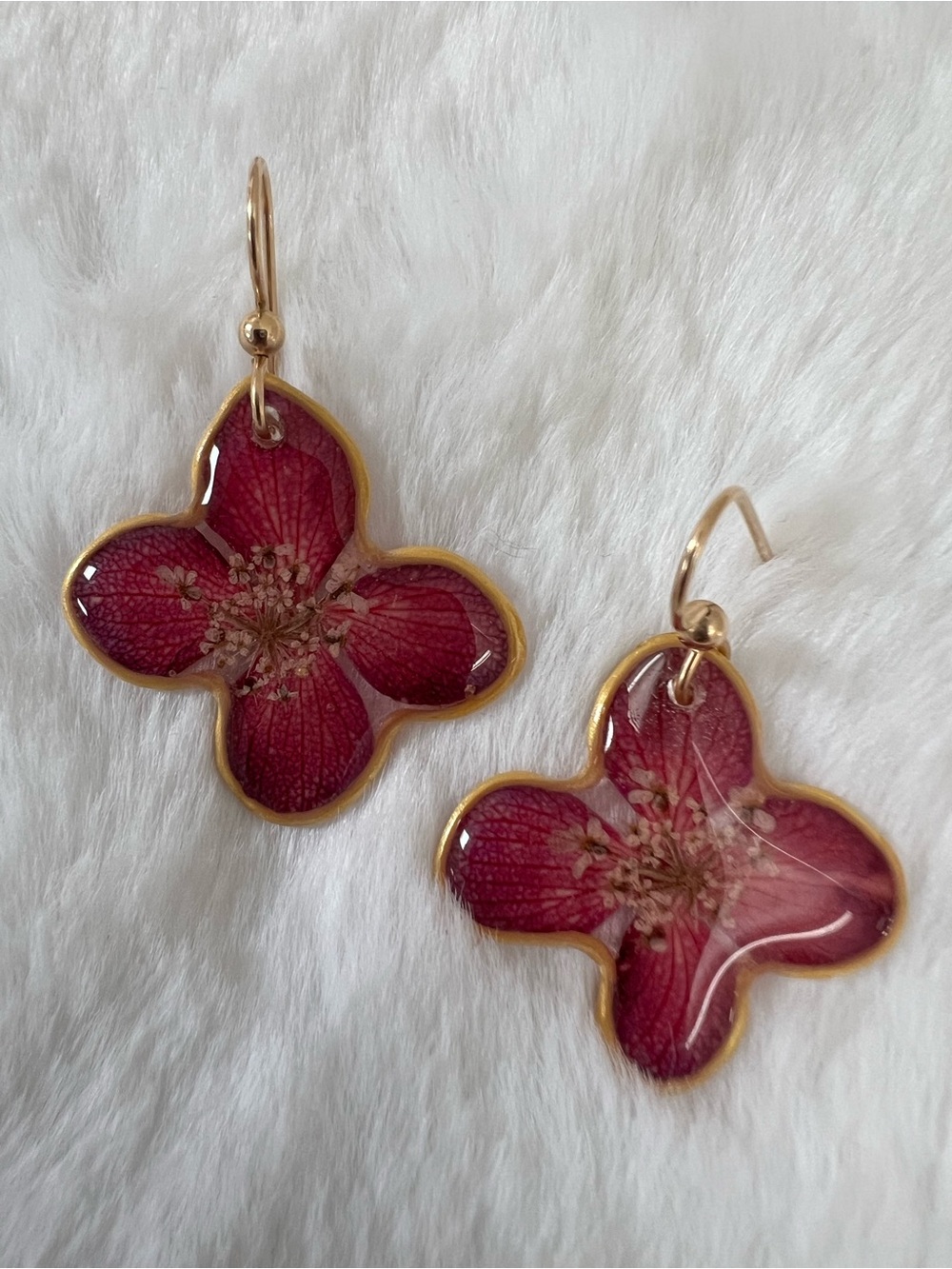 Handmade Deep Pink Floral Resin Drop Earrings with Gold Trim